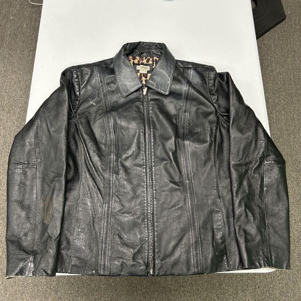 George Leather Jacket Ladies XL Black Leopard Print Lining Zip Up GLS43602